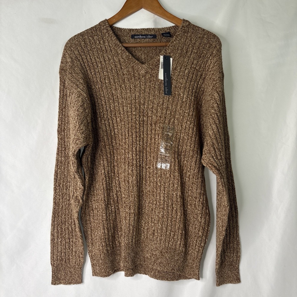Vtg Northern Isles Mens L V-neck Brown Ribbed Grandpacore Earth Tone Sweater NEW